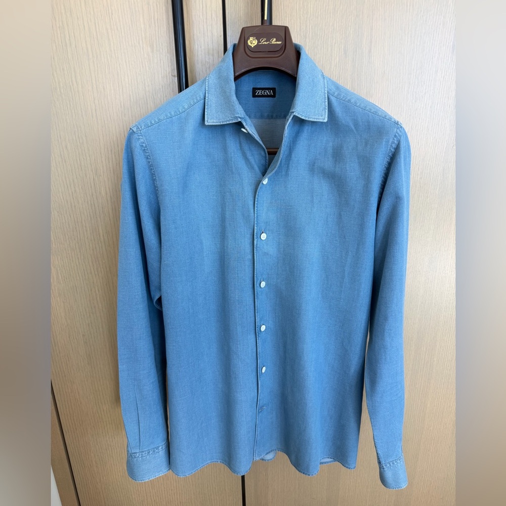 NWOT Zegna Denim Blue Cotton & Linen Sports Shirt Men’s Size M